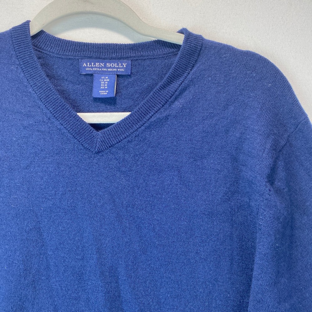 Allen Solly Merino Wool V-Neck Sweater Mens Size M Blue Extra Fine Knit Pullover